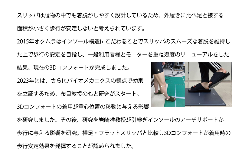 スリッパは履物の中でも着脱がしやすく設計しているため、外履きに比べ足と接する  面積が小さく歩行が安定しないと考えられています。  2015年オクムラはインソール構造にこだわることでスリッパのスムーズな着脱を維持し  た上で歩行の安定を目指し、一般利用者様とモニターを重ね幾度のリニューアルをした  結果、現在の3Dコンフォートが完成しました。  2023年には、さらにバイオメカニクスの観点で効果  を立証するため、布目教授のもと研究がスタート。  3Dコンフォートの着用が重心位置の移動に与える影